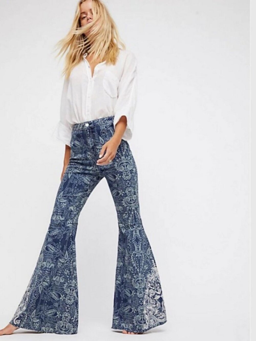 Free People Just Float On Flare Jeans 25 Embroidered Bandana Paisley Bell Bottom